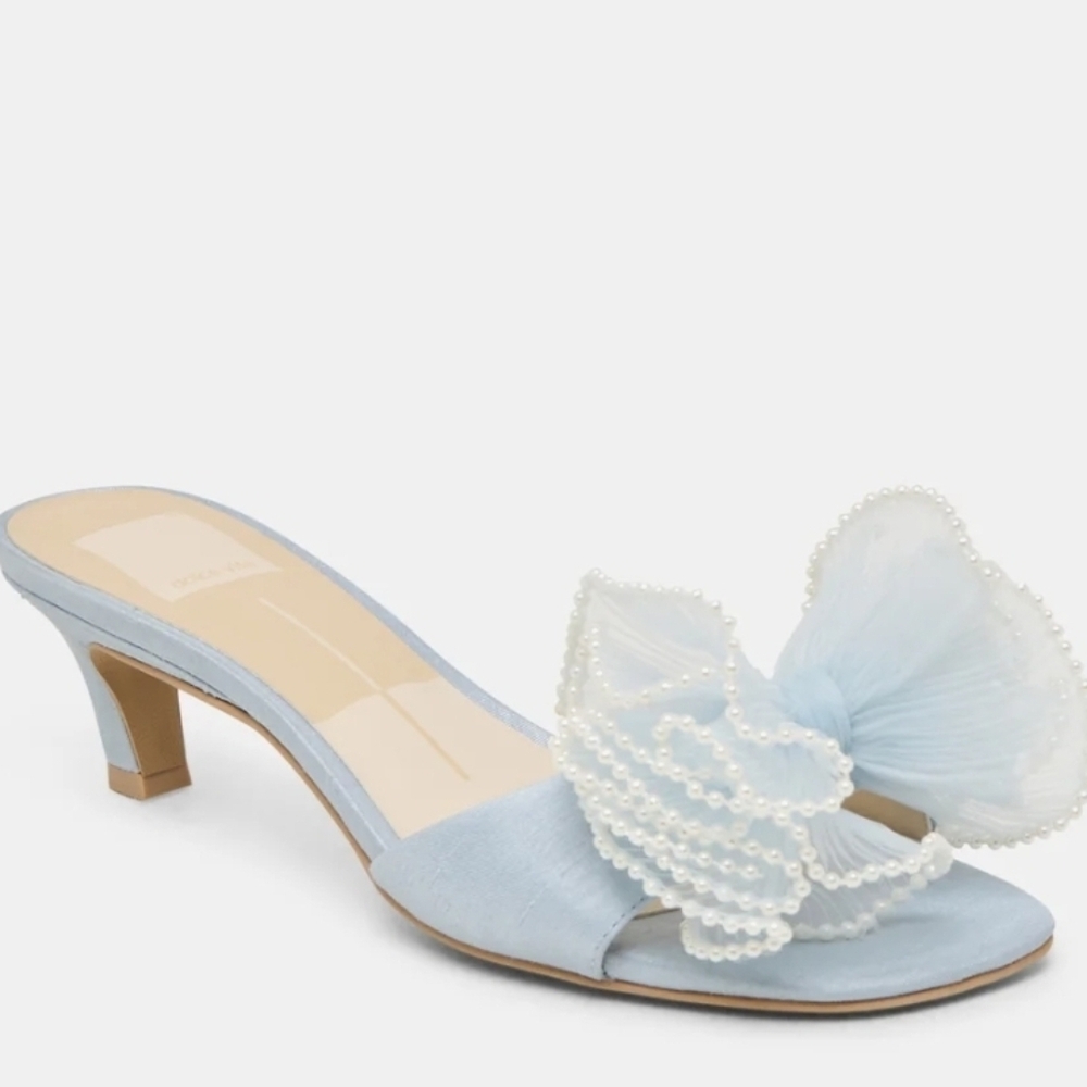 💙🔹️Dolce Vita 🔹️Light Blue Satin NARITA faux Pearl Heels - Picture 6 of 12